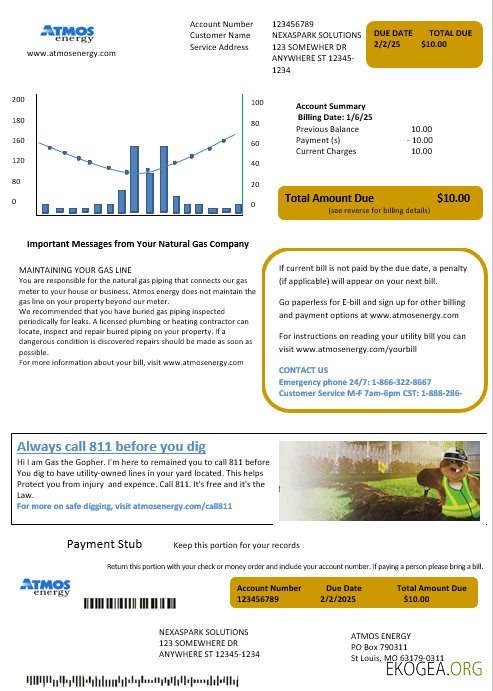 Modèle de facture de services publics d'entreprise USA Virginia Atmos Energy aux formats Word et PDF